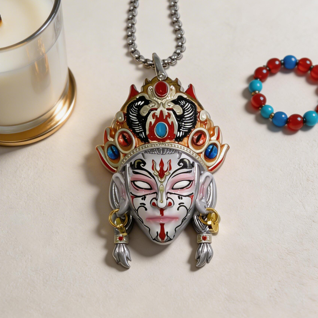 White Crane Boy Nuo Opera Mask Pendant
