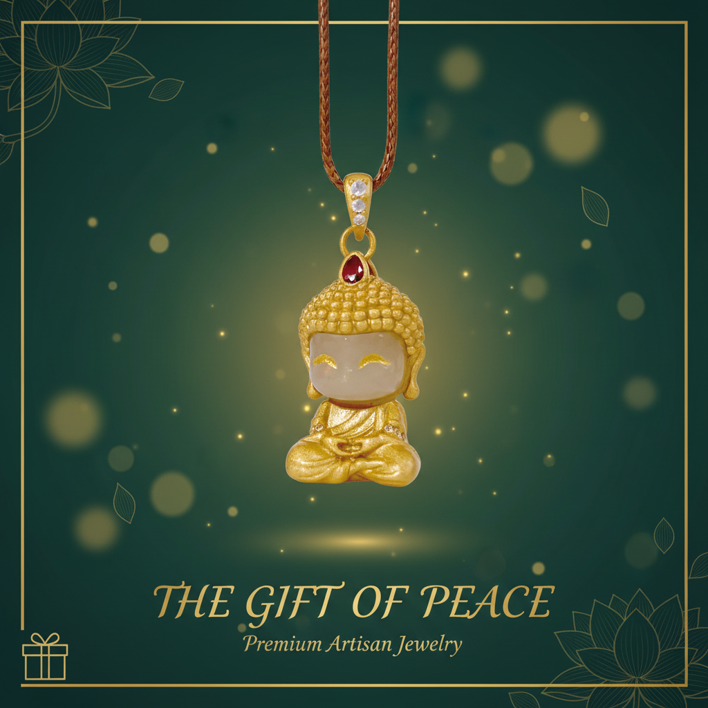 Handcrafted Bronze & Jade Happy Buddha Pendant - Instagram social media image